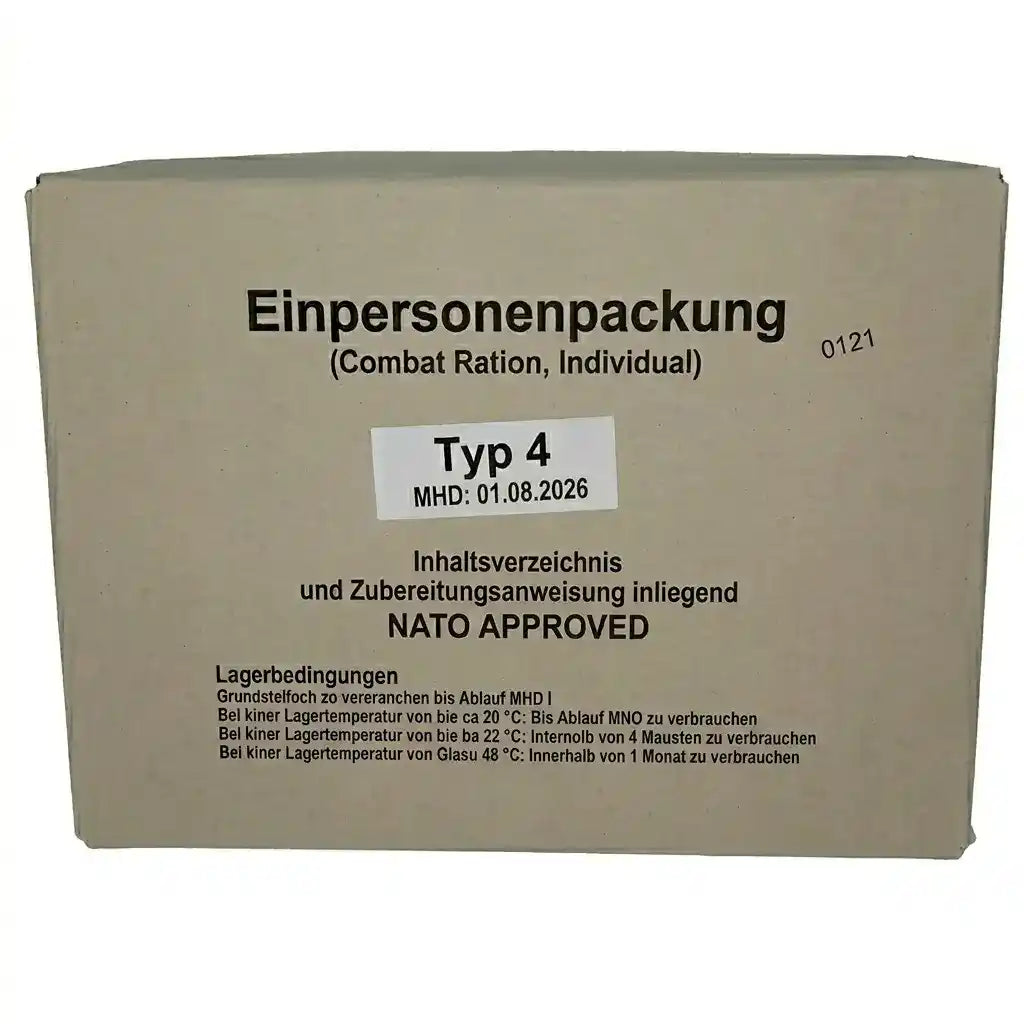 Caja de ración individual Tipo 4, empaque beige con texto impreso