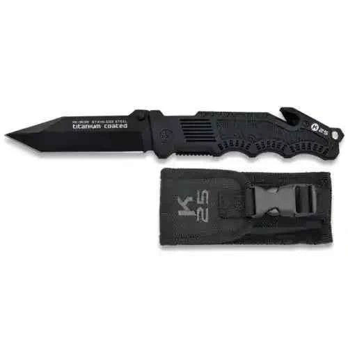 Navaja táctica K25 con hoja negra y funda negra con broche