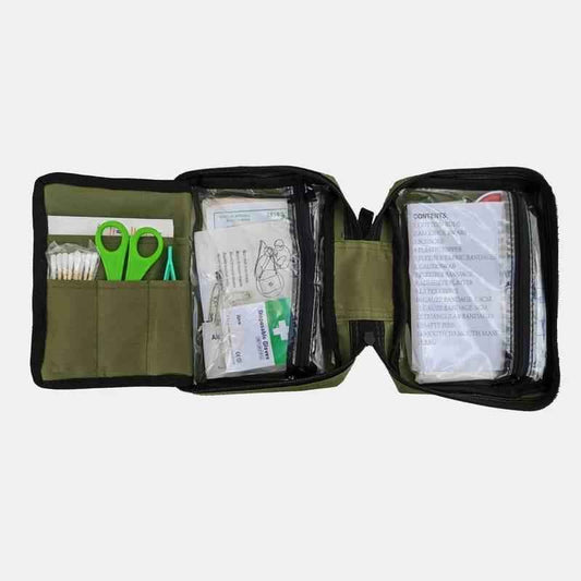 Botiquín MIL-TEC abierto con compartimentos interiores y material médico visible.