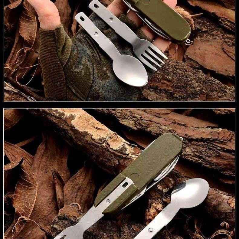 Juego de utensilios multiuso plegables con cuchara, tenedor y cuchillo, en uso