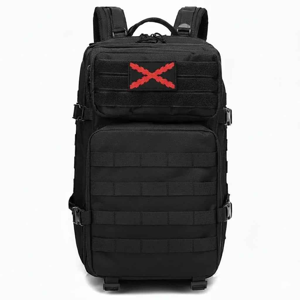 Parche con X roja bordada, fijado en mochila negra