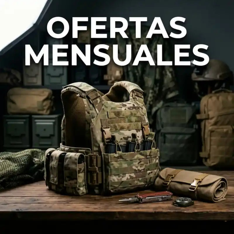 Chaleco militar de camuflaje con cargadores junto a una lona enrollada marrón.