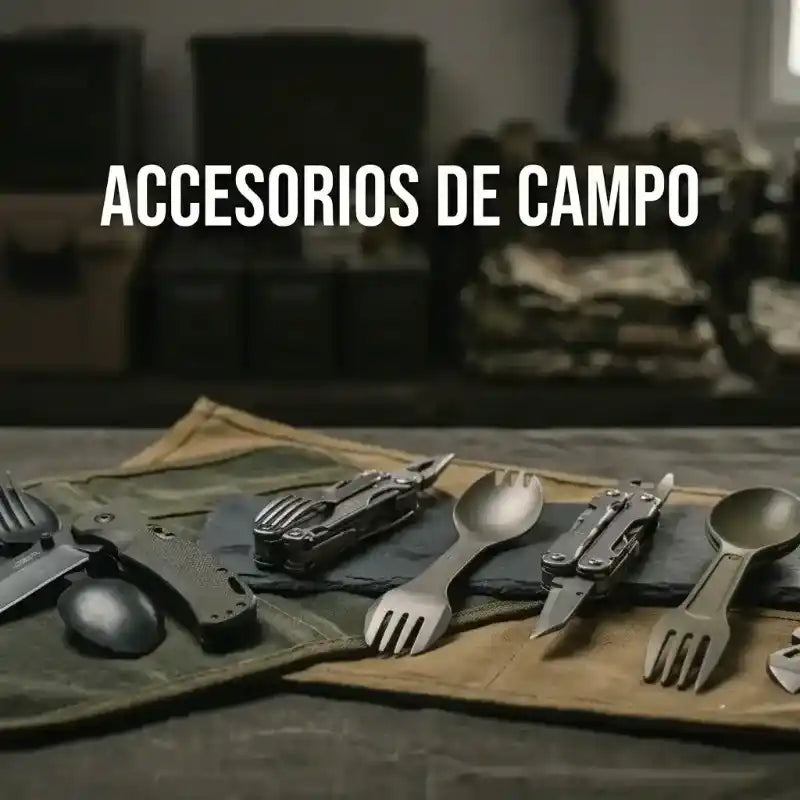 Cubiertos tácticos y herramientas multiusos de campo sobre lona verde.
