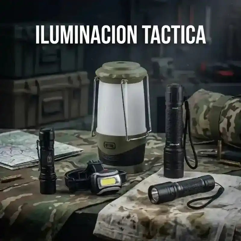 Linternas tácticas negras de mano, frontal de cabeza y farol de camping verde.