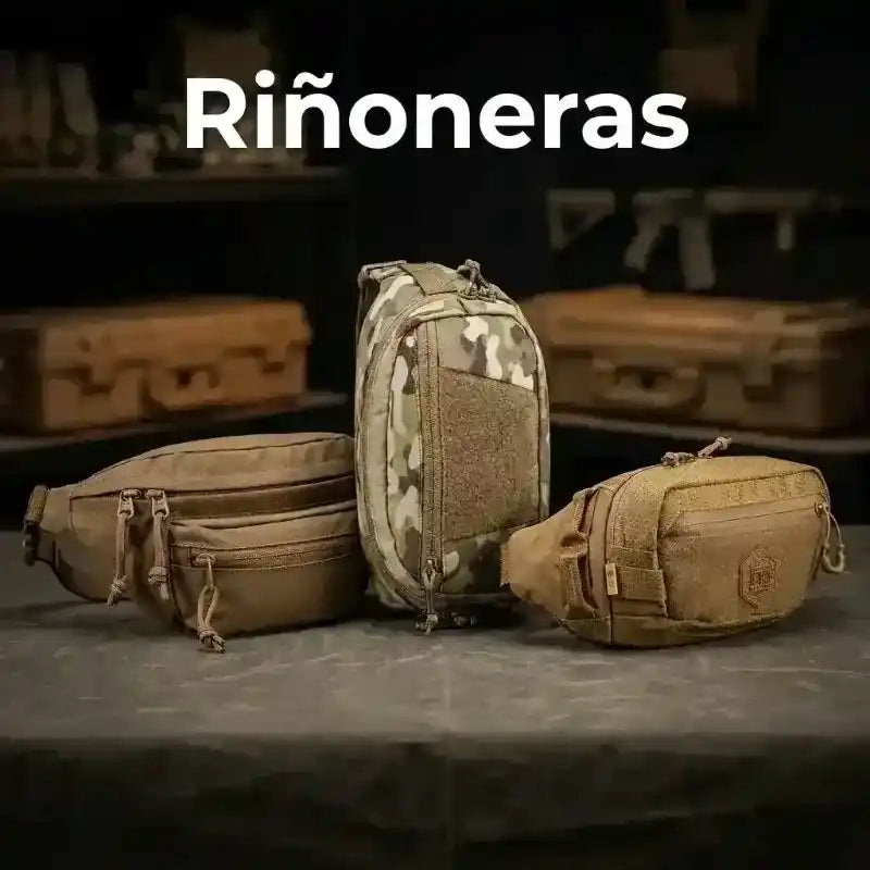 Riñoneras tácticas en color marrón coyote y camuflaje, dispuestas sobre una mesa.