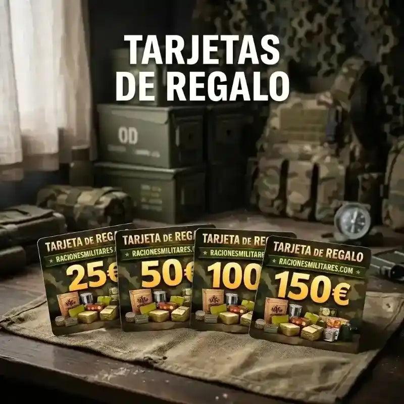 Cuatro tarjetas de regalo de RacionesMilitares.com por valores de 25, 50, 100 y 150 euros.