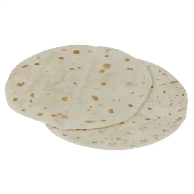 Tortilla MRE plana, color claro, con manchas tostadas distribuidas