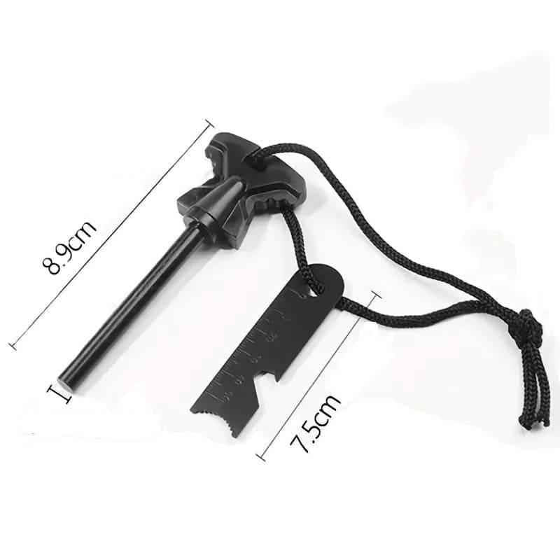 Encendedor de pedernal negro compacto con cuerda, cuchilla y cuerpo metálico