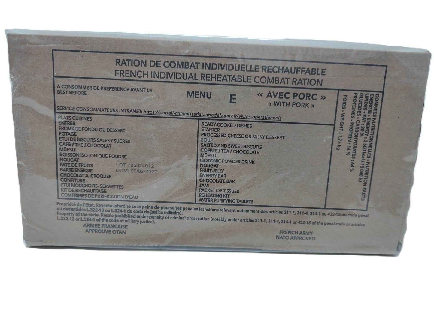 Ración militar francesa en bolsa marrón con etiqueta MENU E «avec porc»