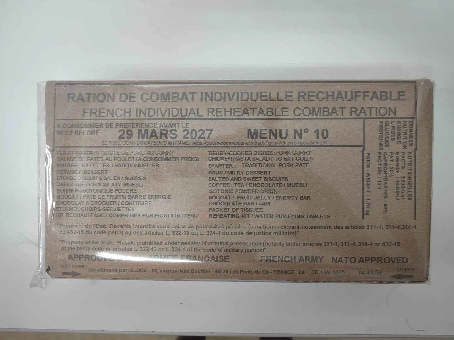 Ración militar recalentable en caja, etiqueta Menú N.º 10