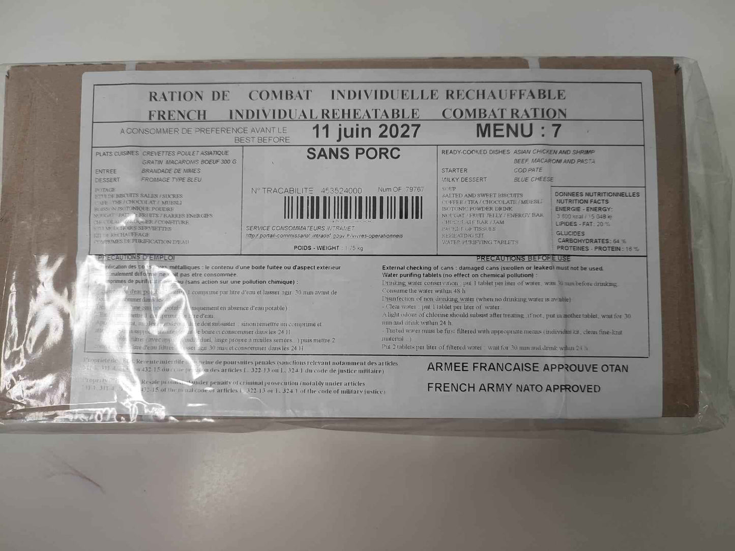 Ración militar francesa en bolsa con etiqueta MENU 7 «sans porc»