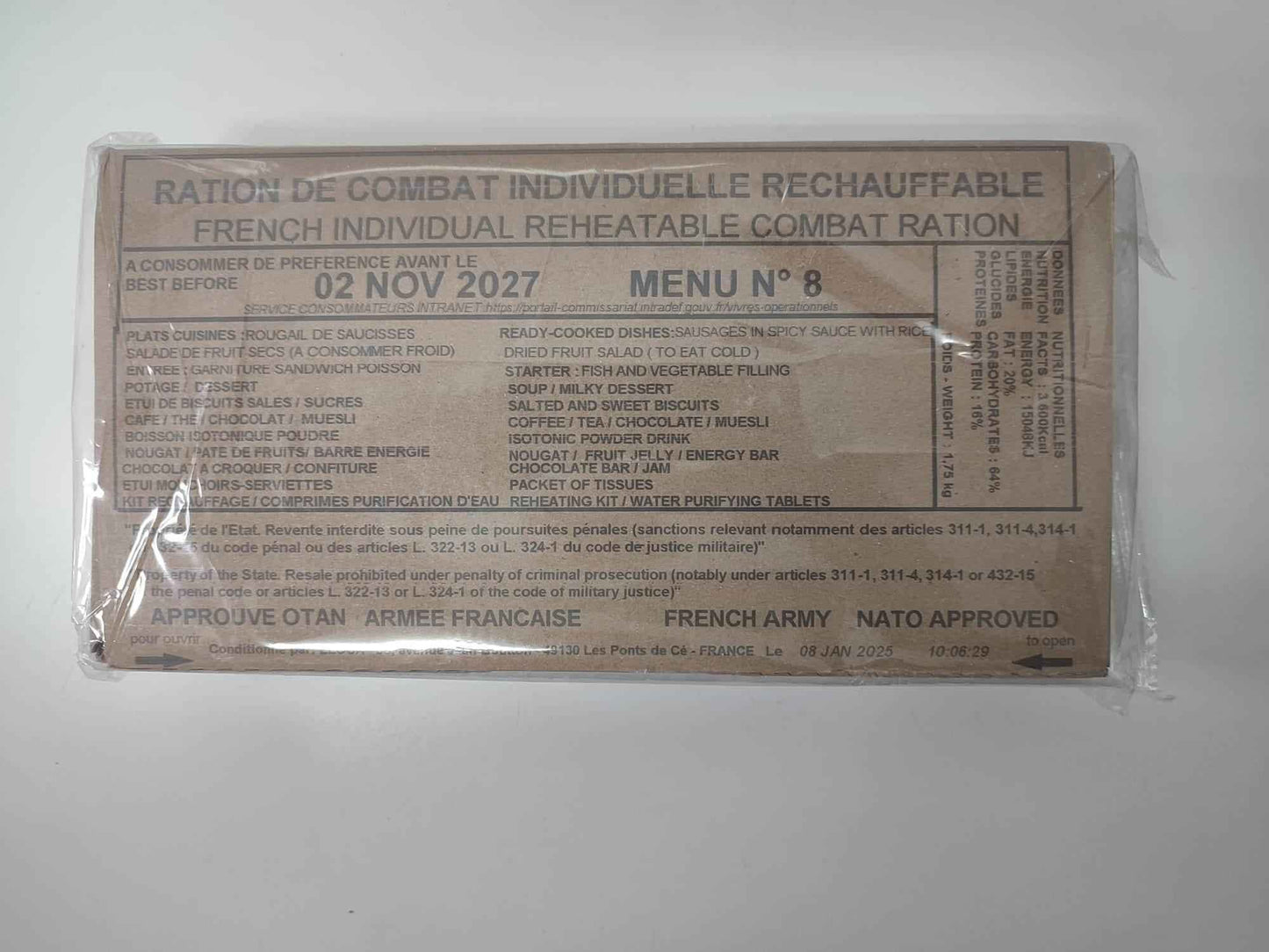 Ración militar francesa en bolsa transparente con etiqueta MENU n.°8 recalentable