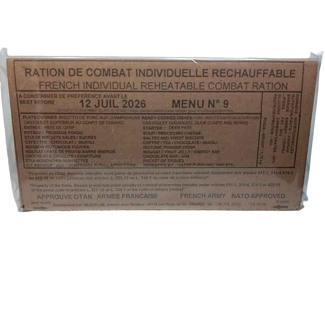 Ración militar recalentable en caja, etiqueta Menú N.º 9
