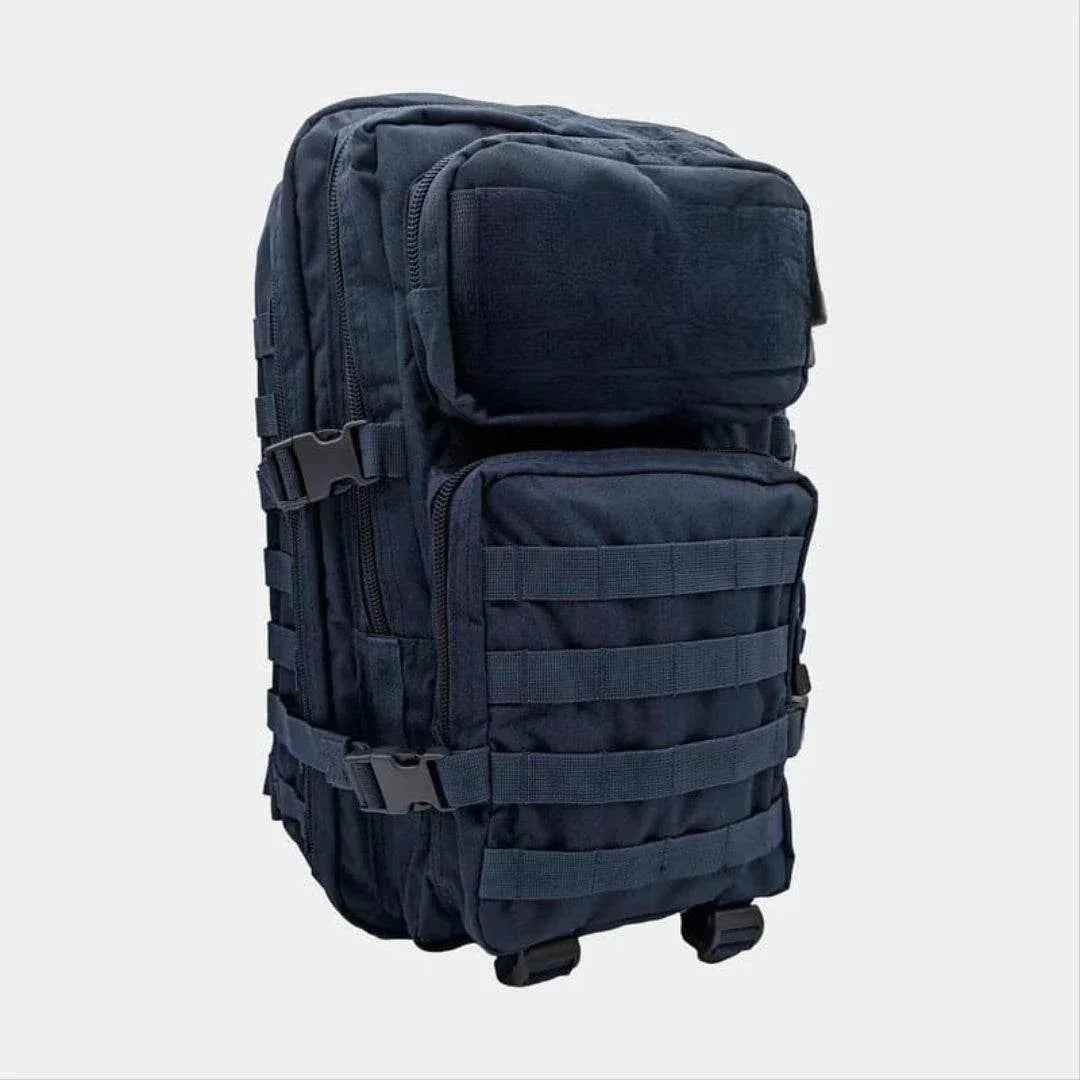 Mochila táctica azul oscura con panel frontal acolchado y bolsillos con cremalleras