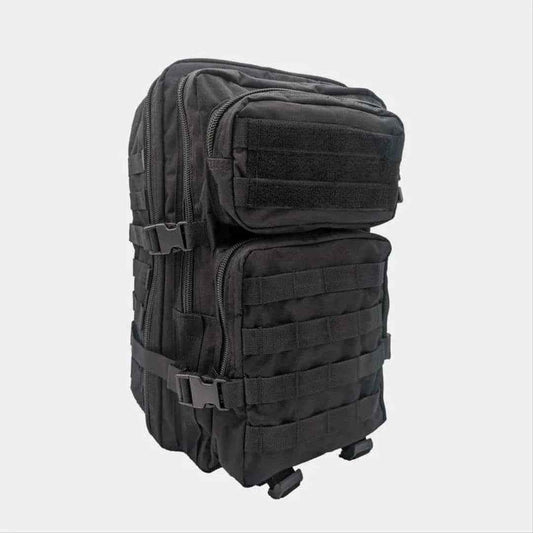 Mochila táctica negra con panel frontal acolchado y bolsillos con cremalleras