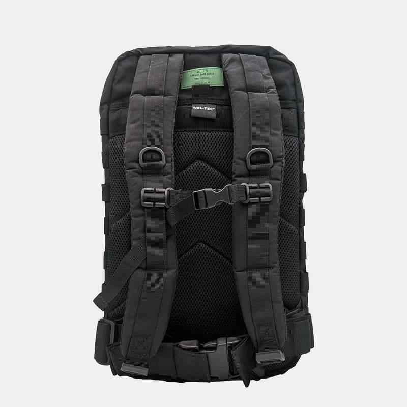 Mochila táctica negra con arnés trasero acolchado y correas ajustables