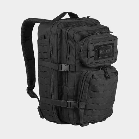 Mochila táctica negra con paneles frontales y arneses MOLLE, cierre con logotipo MIL-TEC