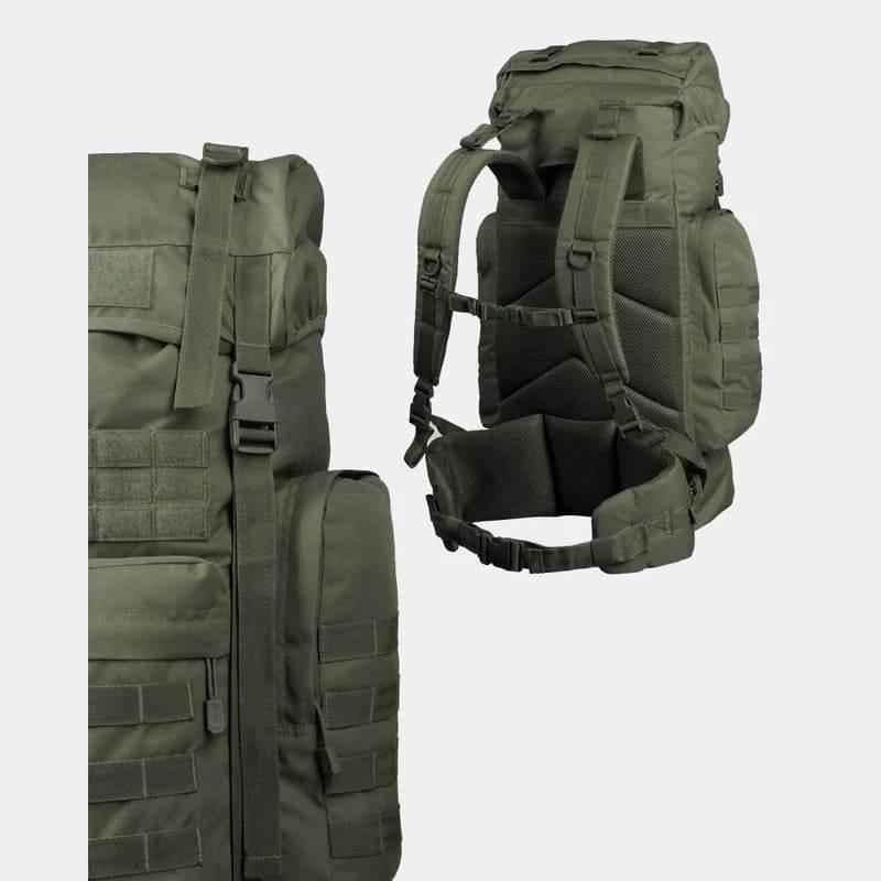 Mochila táctica MIL-TEC verde oliva vista lateral con asas y panel MOLLE