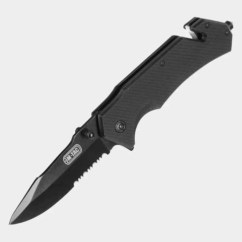 Navaja plegable con hoja negra dentada y empuñadura negra texturizada