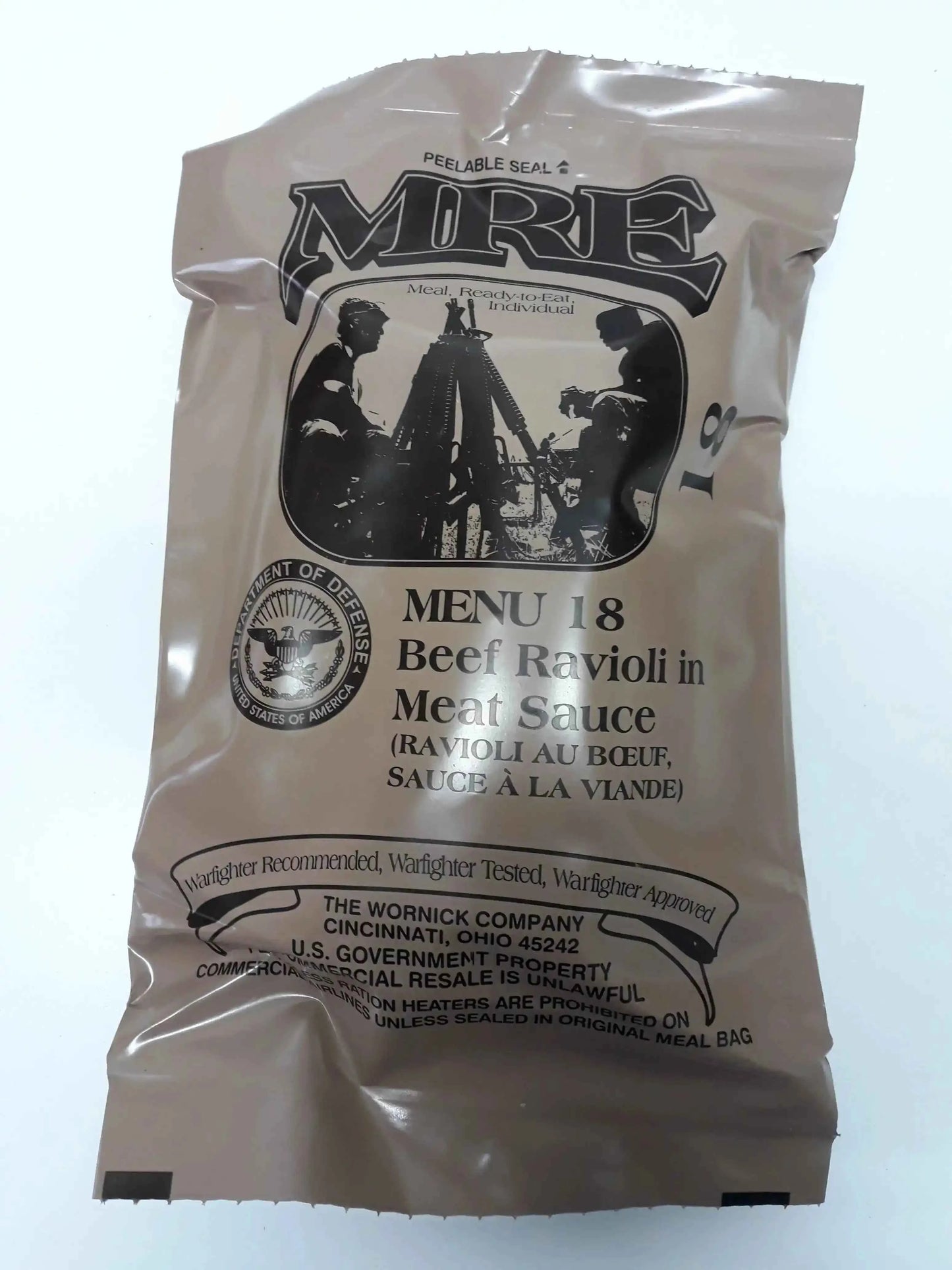 Bolsa MRE con Menu 18: ravioles de res en salsa de carne, sellada al vacío.