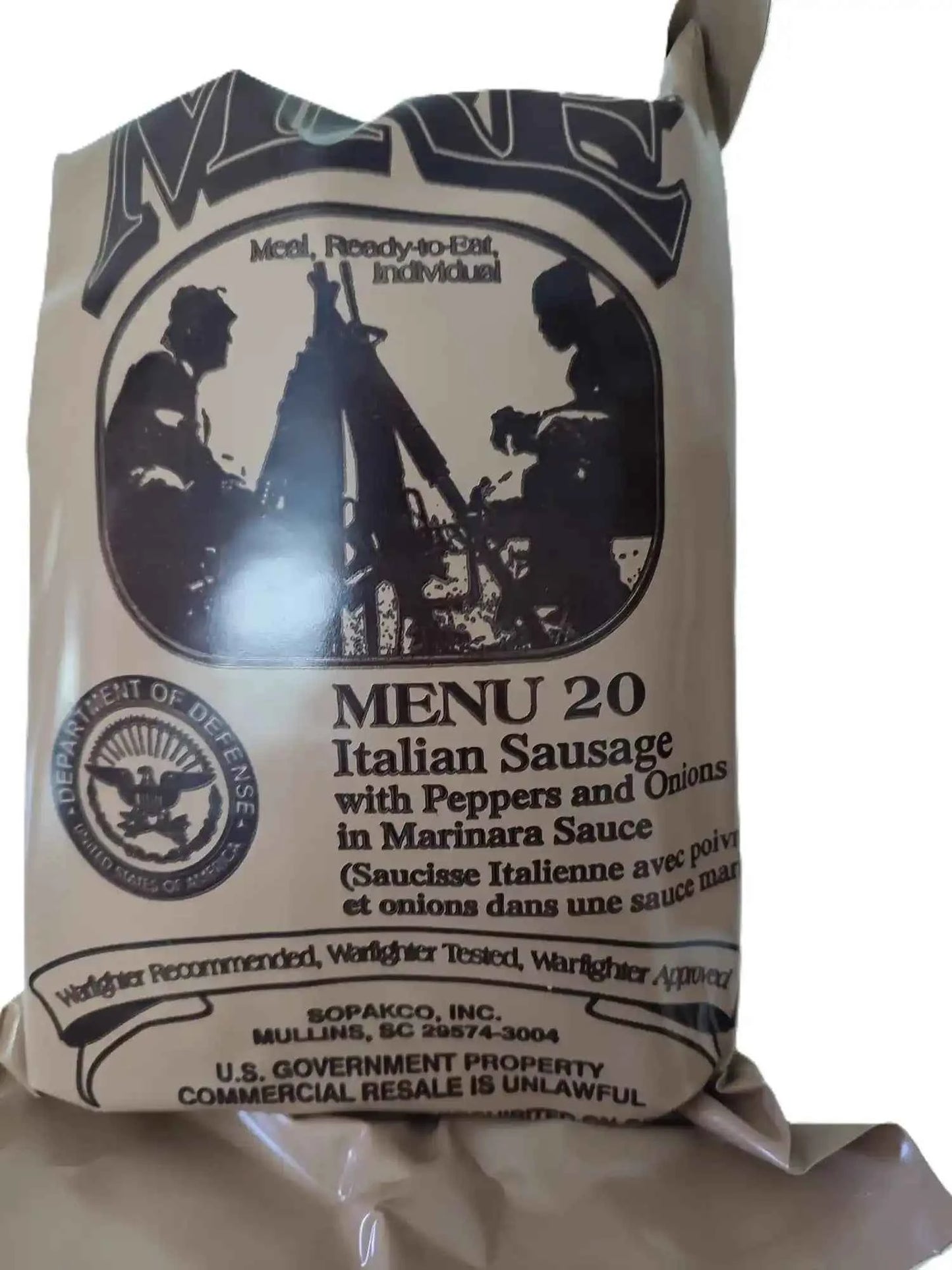 Bolsa MRE Menu 20: salchicha italiana con pimientos y cebollas en salsa marinara.