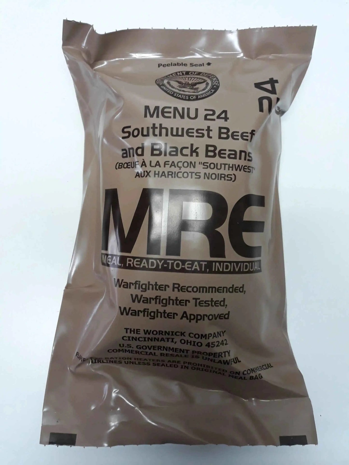 Bolsa MRE Menu 24: res estilo suroeste con frijoles negros.
