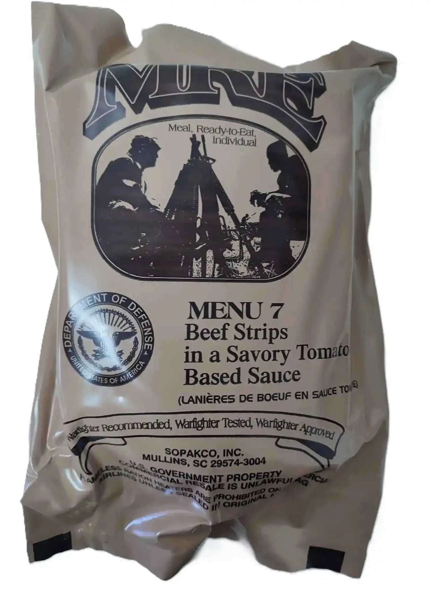Sobre MRE marrón Menú 7 Beef Strips en salsa de tomate, listo para comer