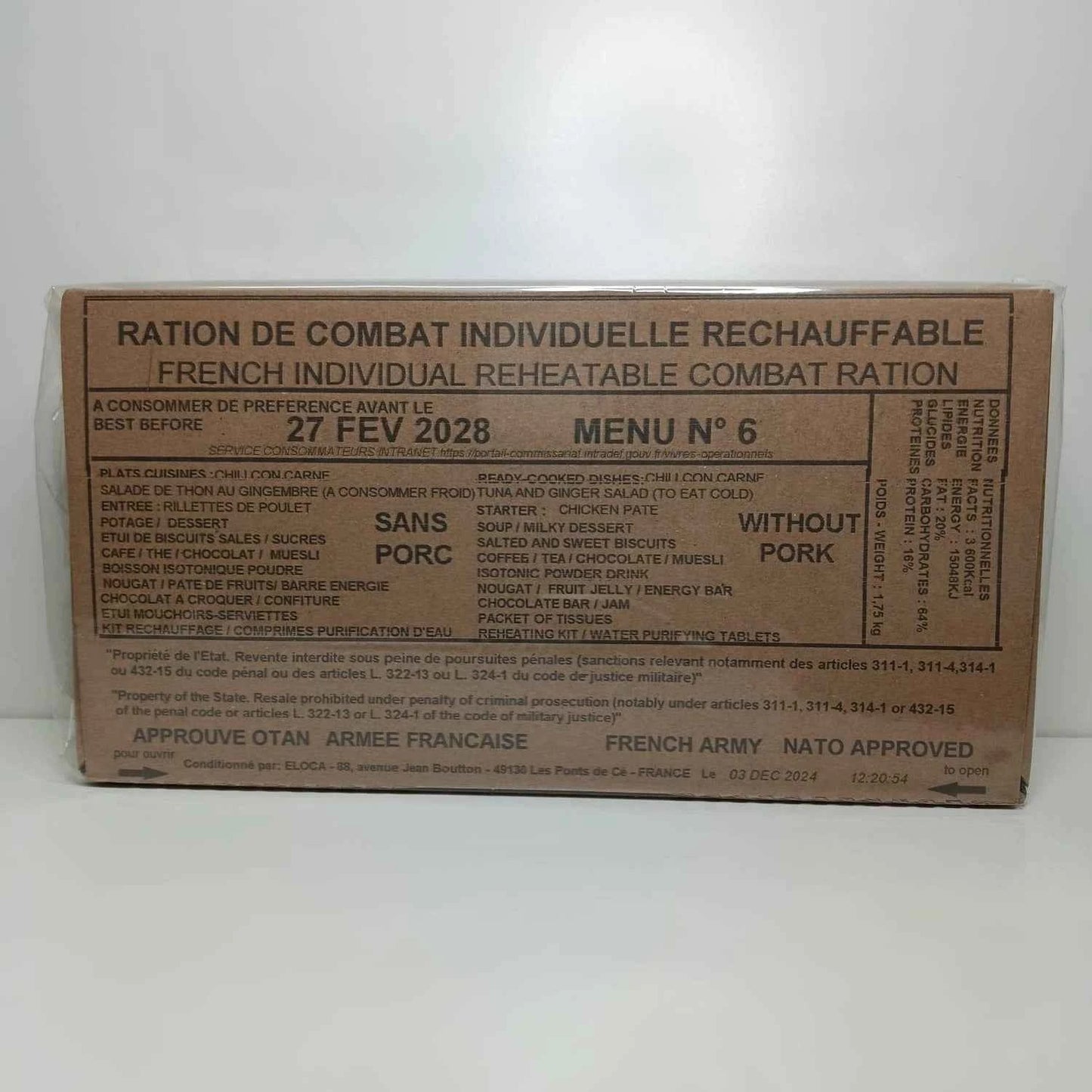 Ración militar francesa, caja marrón con etiqueta Menú N.º 6 y sin cerdo.