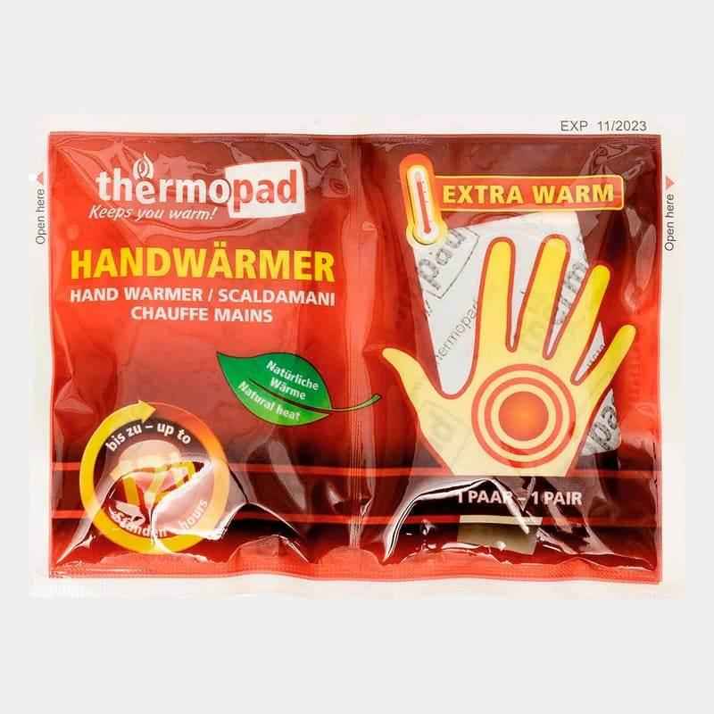 Calentador de manos Thermopad en paquete rojo, con dos almohadillas térmicas