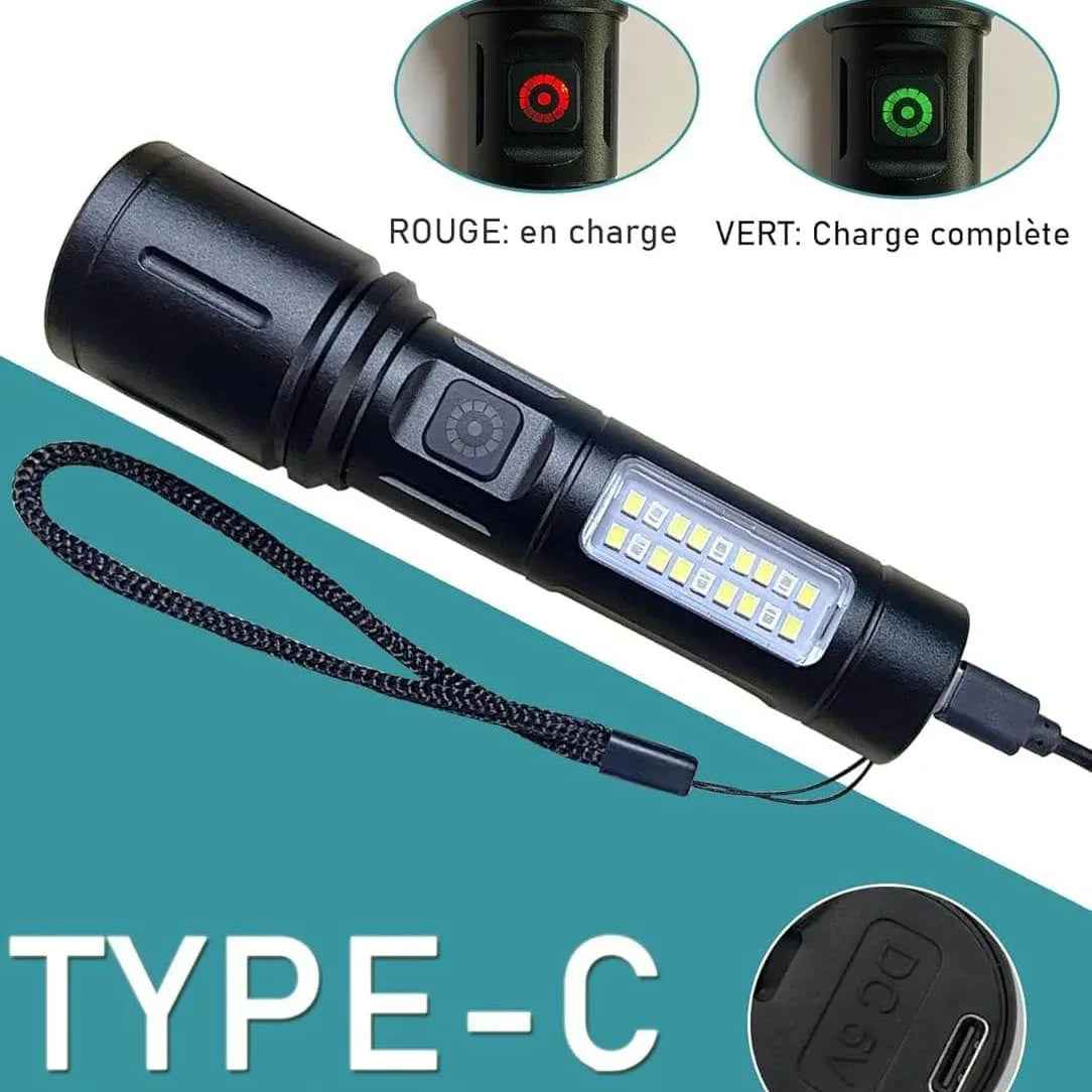 Linterna recargable negra con tira de luz LED y correa de tela