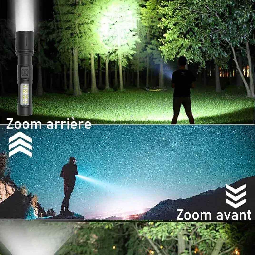 Linterna recargable negra encendida con haz de luz blanca y cuerpo cilíndrico