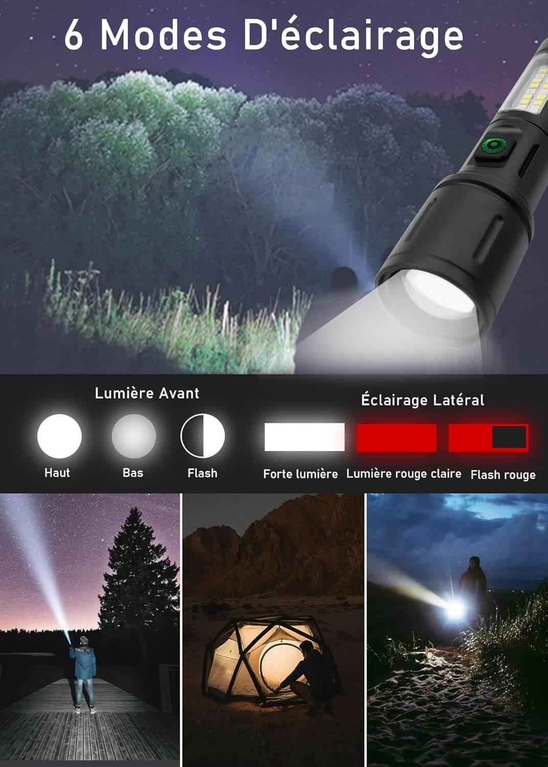Linterna recargable negra con cabeza iluminada y anillo de control con icono