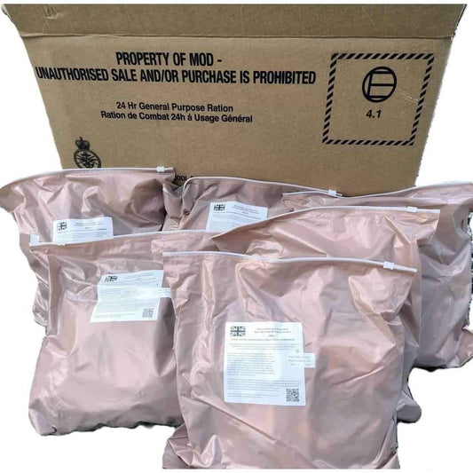 Paquete de raciones en bolsas selladas dentro de caja de cartón marrón