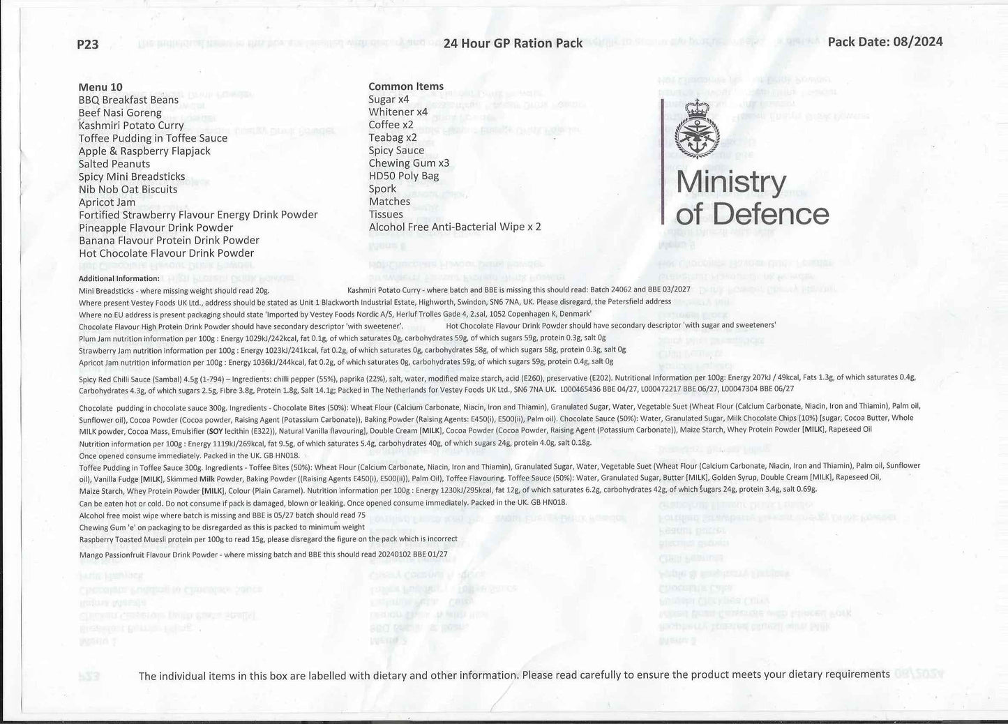 Listado de ración de 24 horas con sello “Ministry of Defence”