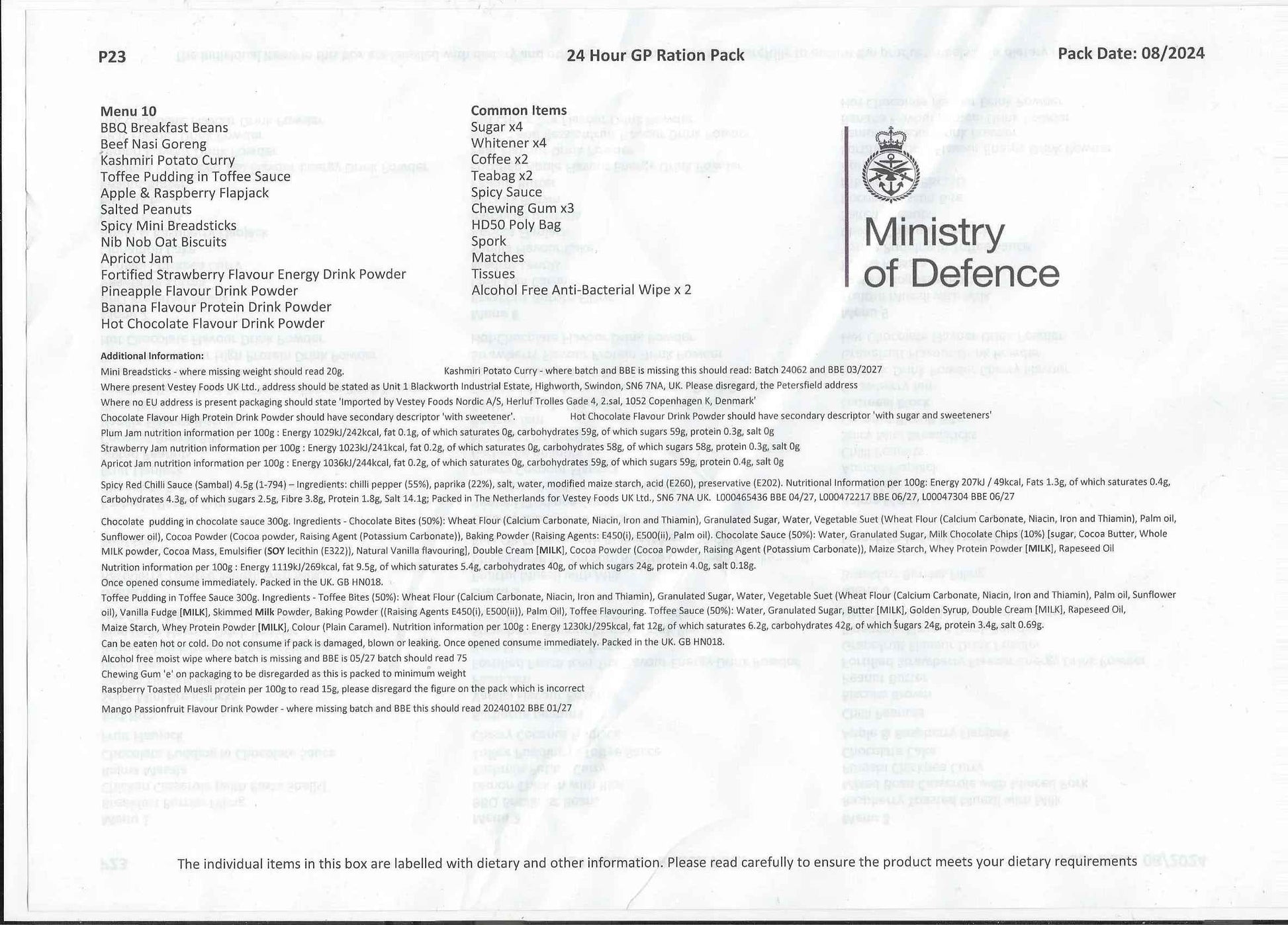 Listado de ración de 24 horas con sello “Ministry of Defence”
