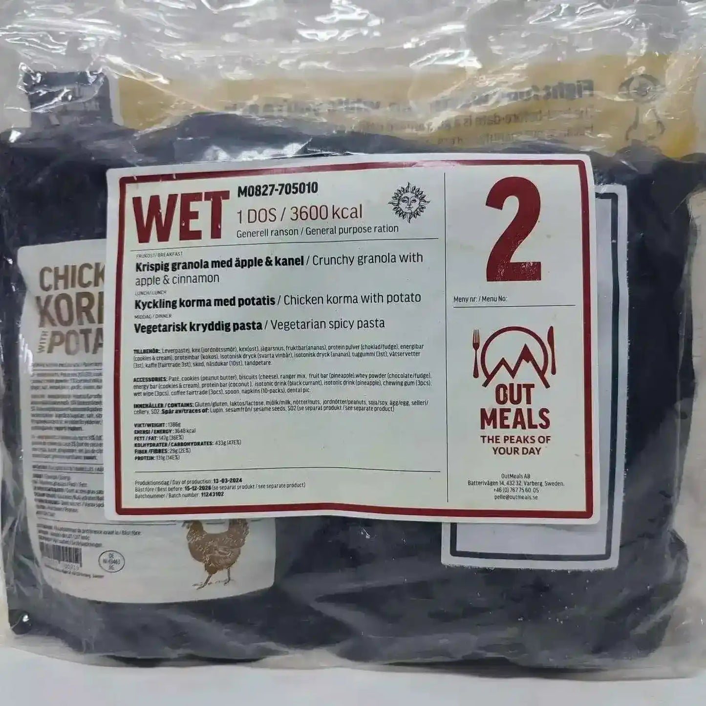 Bandeja MRE húmeda WET 2 con menú 1 dos raciones 3600 kcal, envase rojo.
