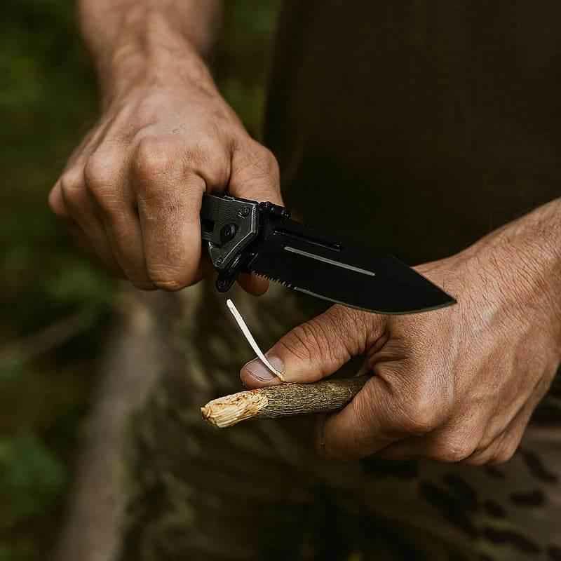 Navaja táctica Mil-Tec negra en manos, con hoja desplegada