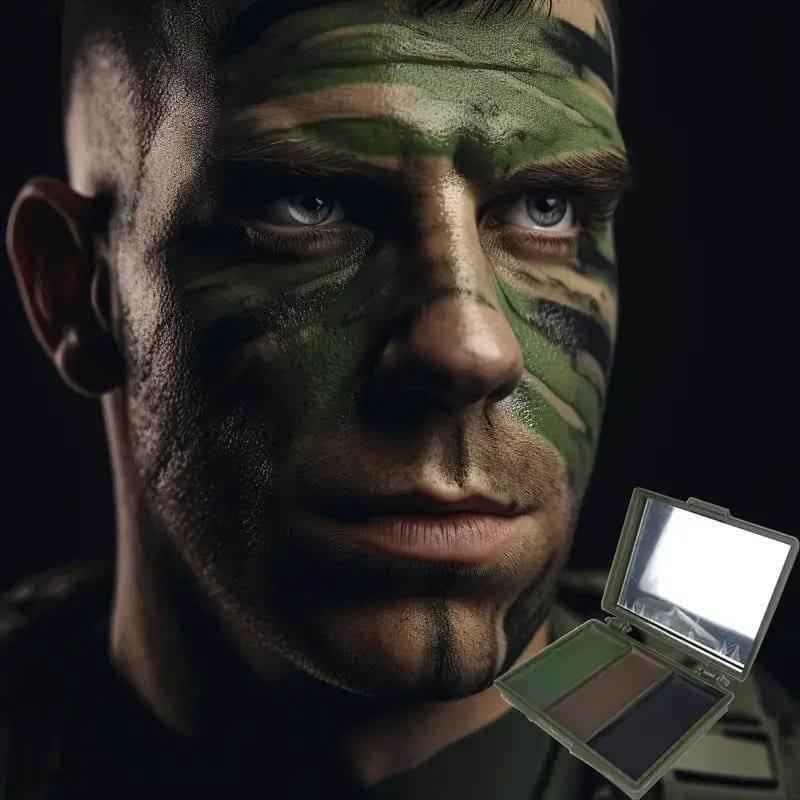Kit de pintura facial camuflaje con paleta y pintura aplicada en el rostro