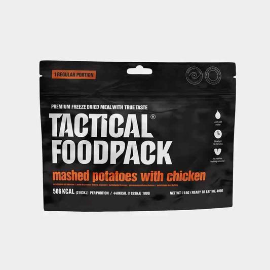 Sobre de comida liofilizada con pollo y puré de patatas, empaque negro