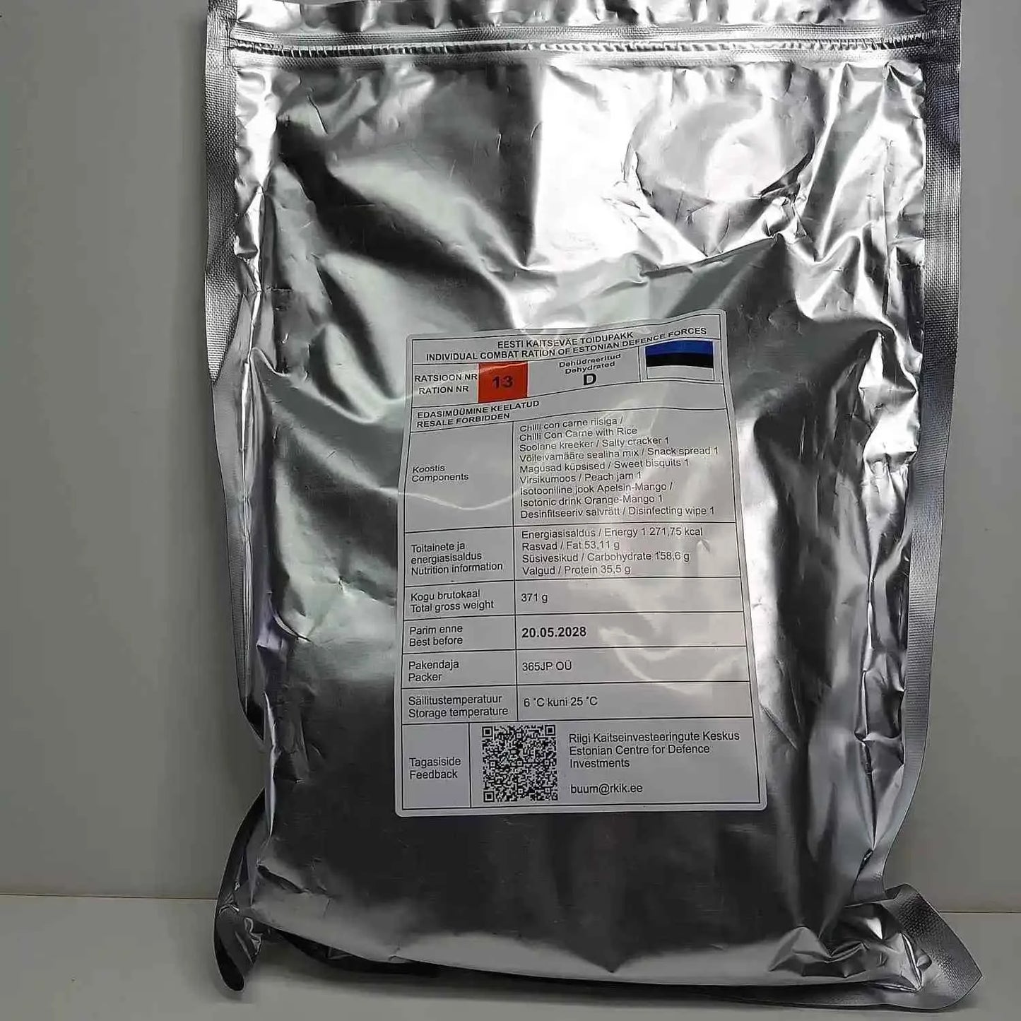 Bolsa de ración de combate individual plateada con etiqueta y opción 13