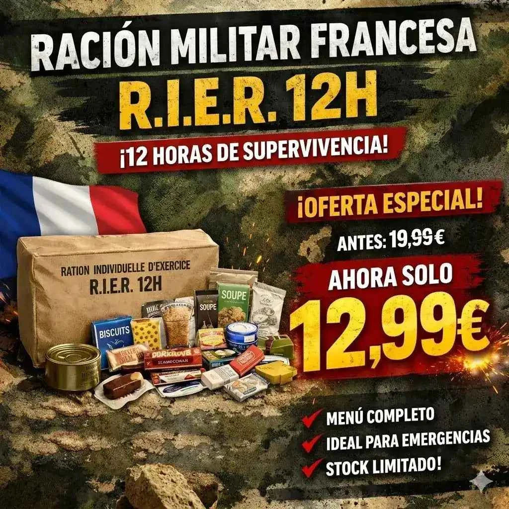 Ración militar con caja marrón y surtido de alimentos R.I.E.R. 12H