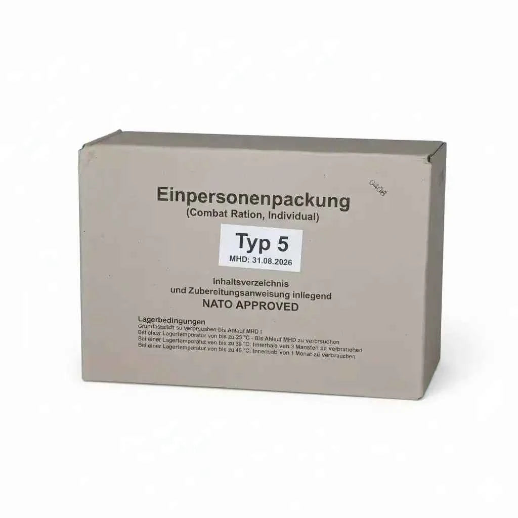 Caja de ración individual Tipo 5, empaque beige con texto impreso
