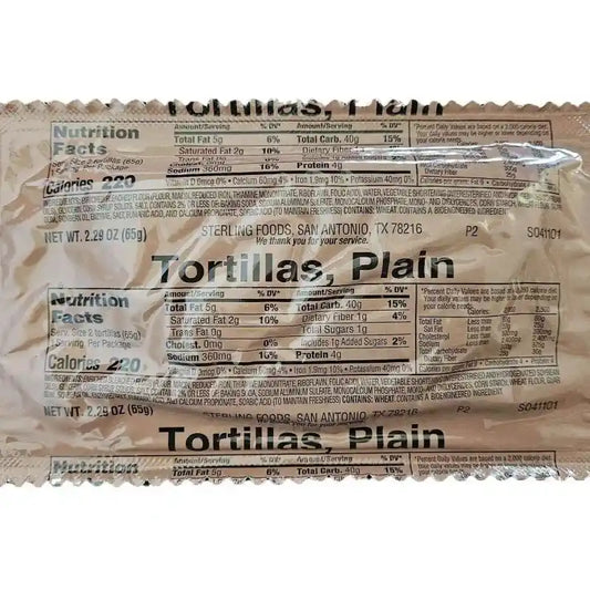 Bolsa de Tortillas MRE sin sabor, vista trasera con tabla nutricional impresa